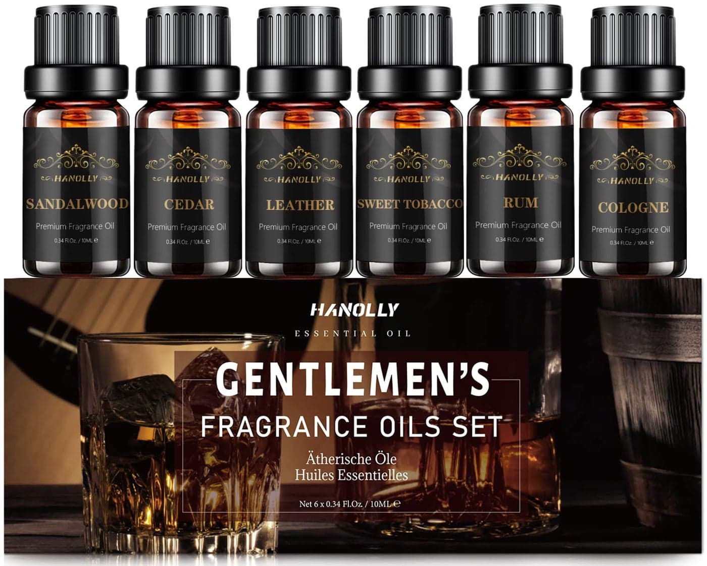 Essential Oils Set Men Scents Fragrance Oil Aromatherapy Essential Oils Kit for Diffuser 6x10ML Sandalwood Cedar Leather Sweet Tobacco Rum Cologne Aromatherapy Oils Gift for Men