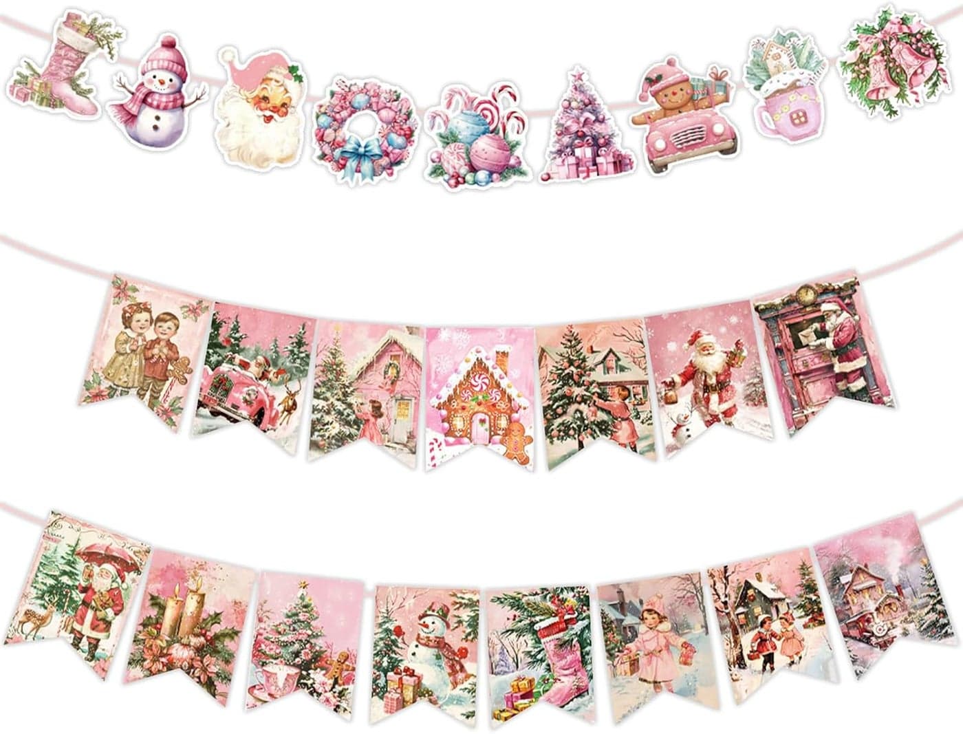 2 Pack Pink Christmas Decoration BannerVintage Christmas Hanging Garland Banner Santa Claus Christmas Tree Gingerbread House Bunting Banner for Classroom Home Fireplace Indoor Christmas Party Decor