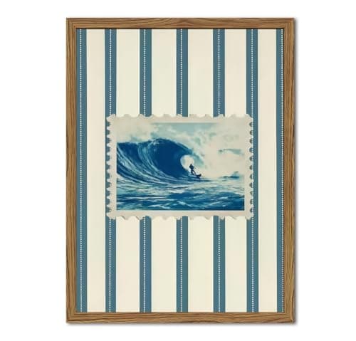Vintage Surf Stripe Wall Art Trendy Coastal Wall Decor Painting Blue and White Beach Surf Poster Canvas Print for Bedroom Living Room Bathroom 12x16 inch Wood Framed