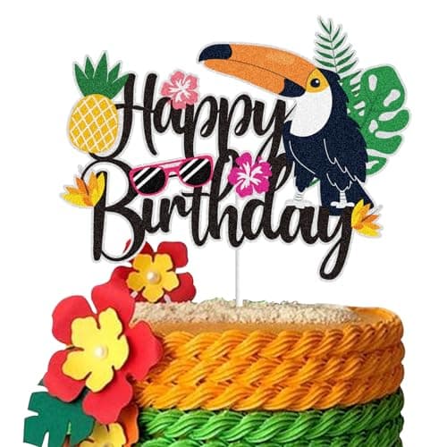 Toucans Happy Birthday Cake Topper Black Glitter Hawaiian Luau Palm Leaf Jungle Cake Decor Tropical Bird Theme Birthday Party Supplies