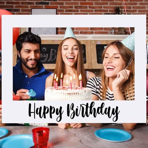 Beeveer 32 x 24 Inch Extra Large Happy Birthday Photo Booth Selfie Frame Props Picture DIY Cutouts Photo Backdrop Cardboard Props for Party Supplies FavorsHorizontalWhite