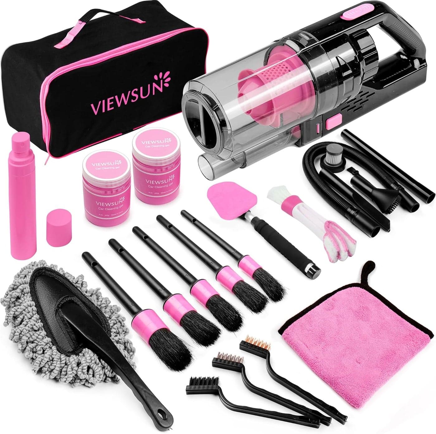 Viewsun 17pcs Car Cleaning Kit - Pink Car Interior Detailing Kit with High Power Handheld Vacuum and Accessories