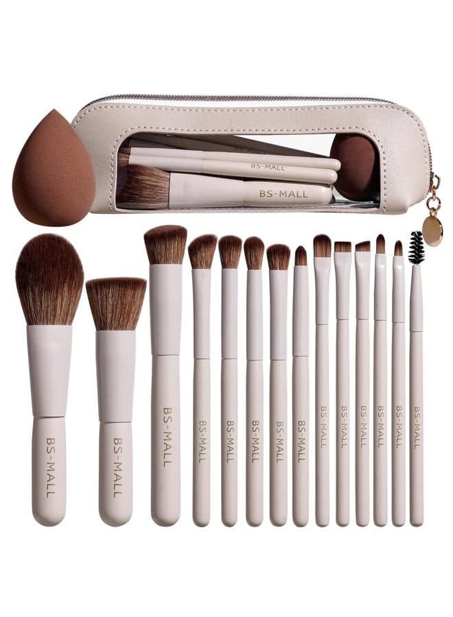 14 Pcs Makeup Brushes Set with 1 Pcs Makeup Sponge – Essential Foundation Powder Concealers, Eye Shadows, Blush Makeup Brushes with Travel Makeup Case (Beige)