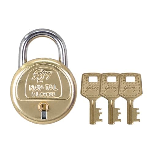 Godrej Padlock | Navtal 5 Lever Brass Padlock 40mm with 3 Keys | Strong Steel Shackle | Rust Resistant Lock for Main Door, Gates, Lockers, Cabinets, Travelling Bags & Tool Boxes | 1 Year Warranty