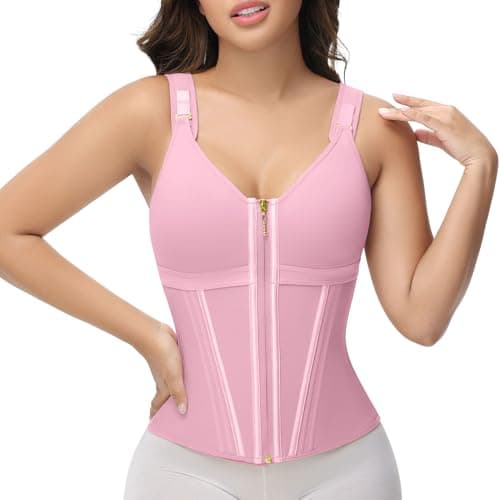 SHAPSHE Waist Trainer Corset for Women Tummy Control Sport Workout Body Shaper Vest for Postpartum Gym Zipper and Hooks Pink M