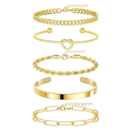 Gokeey Gold Cuff Bracelets for Women, 14K Gold Plated Bangle Bracelet Set for Women, Forever Love Knot Infinity Bangle Paperclip Beaded Twist Bracelets for Women