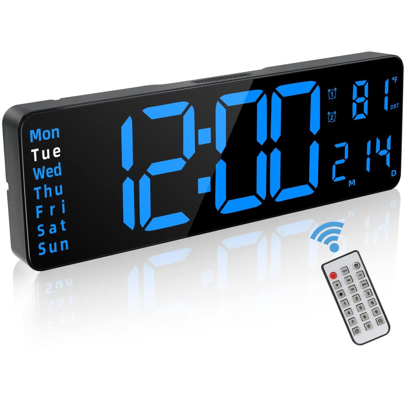 JoFomp Digital Alarm Clock for Bedroom Large 13 Inch LED Display Remote Control Automatic Brightness Daylight Saving Time Temperature Timer Date Week 1224H Blue