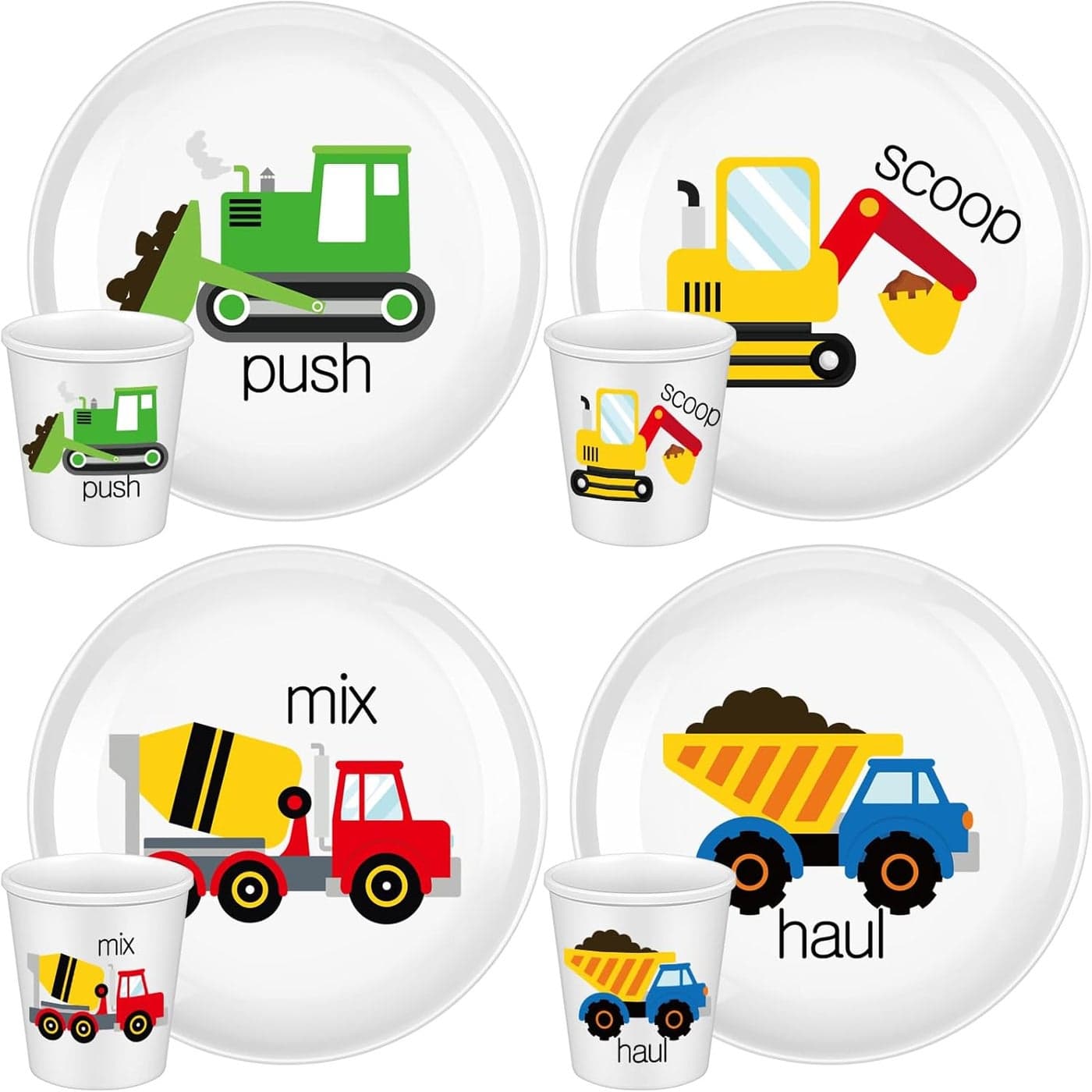 4 Sets Construction Truck Fun Kids Plates with Cups Plates Dinnerware Set for Toddlers Creatively Drop Resistant Cute Plastic Dishes Dishwasher Safe