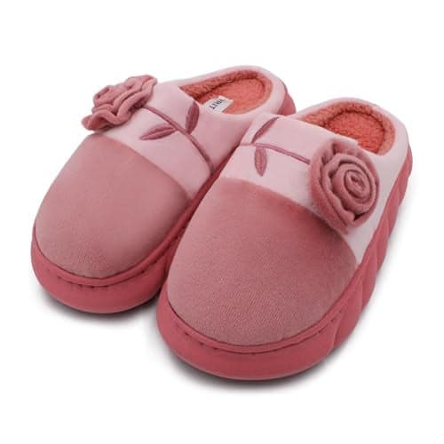 VRITRAZ Women's Indoor Slipper, Comfort Slip On Closed Toe Warm Winter House Clog (Flower Pink,UK-8)