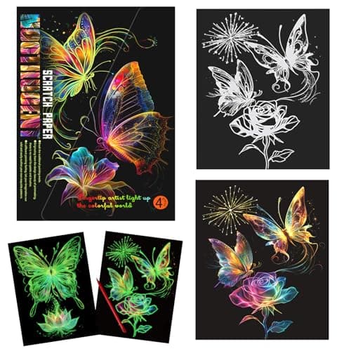 KSIWRE 4 Sheets Scratch Art for Adults TeensBeautiful Night View Scratch PaintingGlow in The Dark Rainbow Scratch PaperButterfly