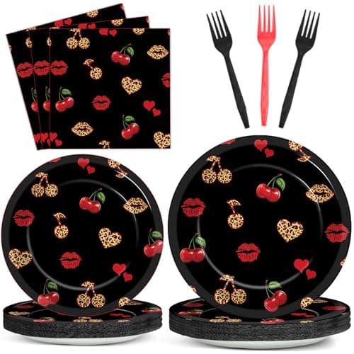 96 PCS Cheetah Cherry Party Paper Plates and Napkins Cherry Leopard Print Party Decoration Red and Black Wedding Dinnerware for Boys Girls Bachelorette Gatherings Decorations