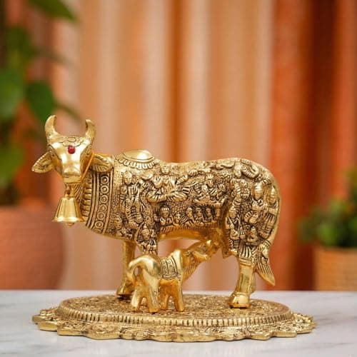 KridayKraft Gold Plated Kamdhenu Cow with Calf Metal Statue for Good Luck Feng Shui & Vastu Showpiece As Table Top Religious Idol Gau MATA for Home Office Decorative,Animal Showpiece