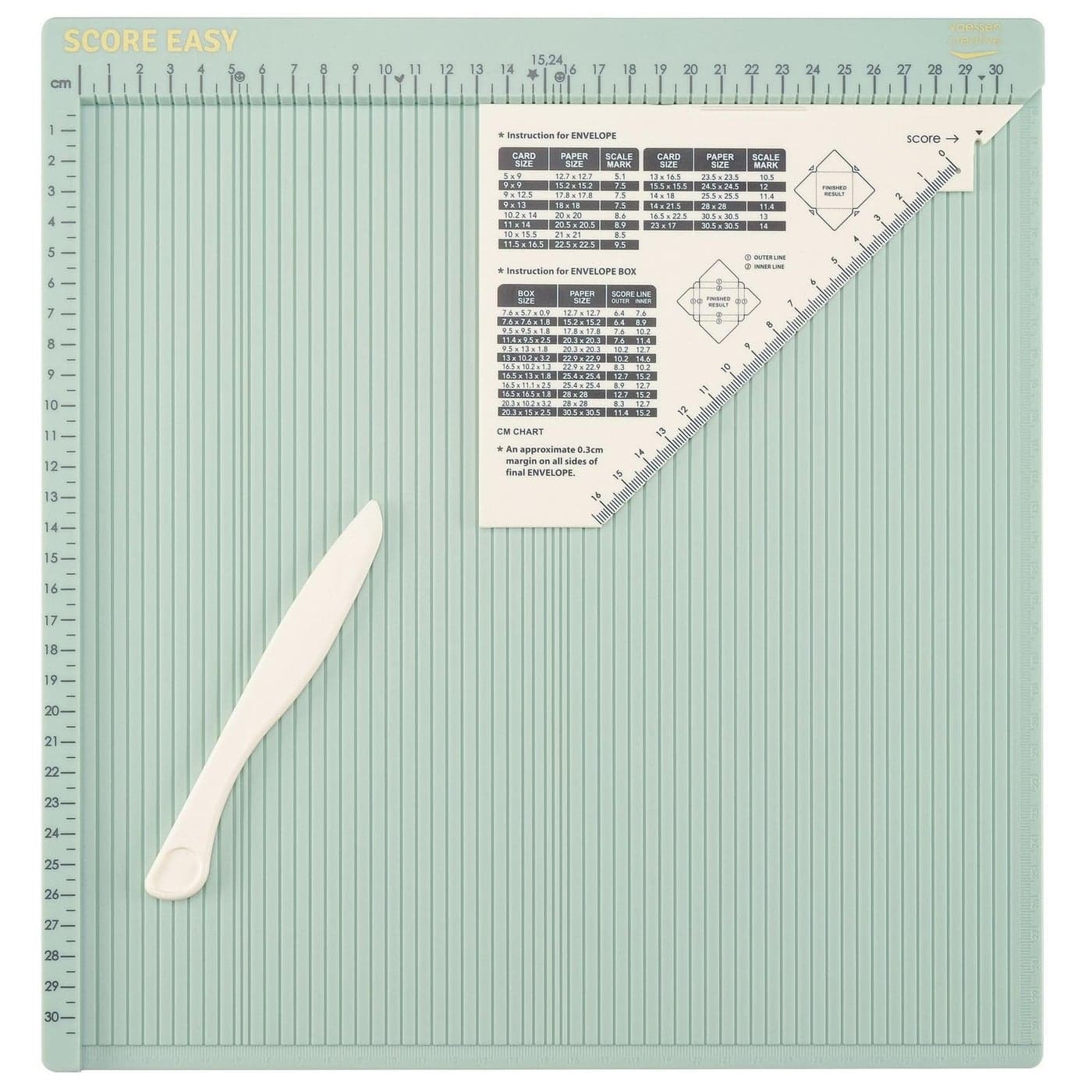 Vaessen Creative 2137050 Easy Scoring Board cm in Mint Green with Bone Folder and Guide for Card Making and Paper Crafts 305 x 305 cm