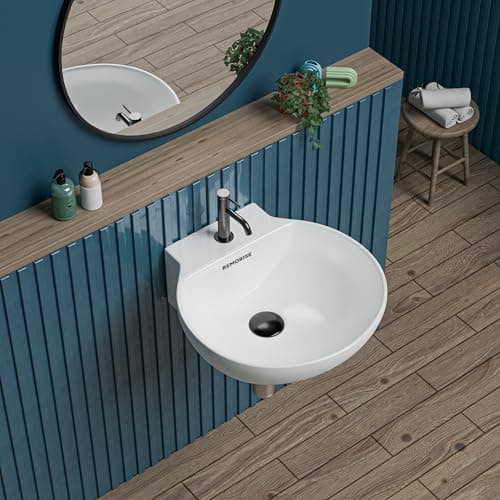 REMORISE Premium Wall Hung Ceramic Wash Basin for Bathroom | Compact Wall Mounted Sink | Space-Saving, Stylish & Durable Design (White, 12 x 12 x 5 Inch)