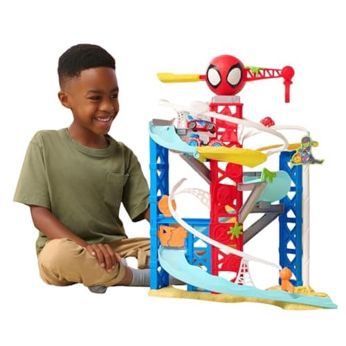 Jazwares Marvel Spidey and His Amazing Friends Construction Zone Chaos Track Set 2Foot High Dual Race Track with Zip Line Play Zones and Exclusive Vehicles