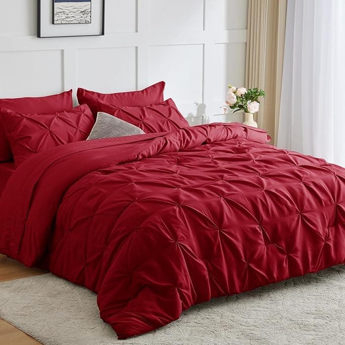 Luxury Alford Alexander Pin Tuck Pinch Pleat Duvet Quilt Cover Reversible Diamond Bedding Set With Matching Pillowcases Red Superking 260cm x 220cm Approximate