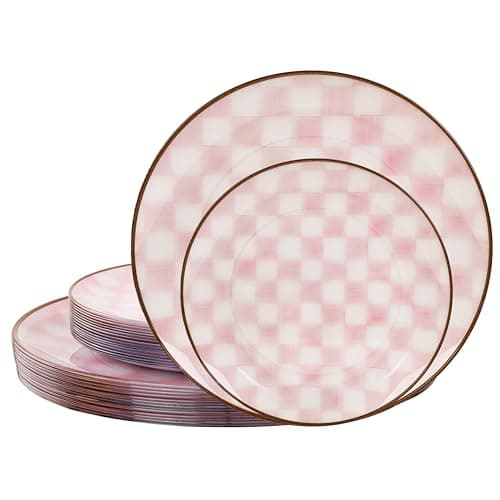 U-QE 20PCS Pink Plastic Plates for Party - Retro Checkered Plates Disposable Heavy Duty - White and Pink Plate for Party, Birthdays - 10 10.25 Inch Dinner and 10 7.5 Inch Dessert Plate
