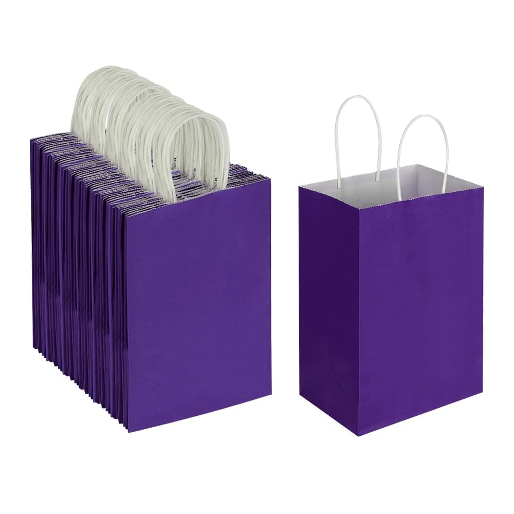 Oikss 100 Pack 525x325x825 Inch Small Purple Kraft Paper Bags with Handles Bulk for Birthday Wedding Party Favors Grocery Retail Shopping Business Goody Craft Gift Bags Cub Sacks 100pcs Count