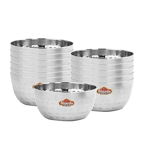 Sharda Metals Hammered Stainless Steel Bowl Set | Small Wati Bowls for Curry Dal Soup Dessert Halwa Pudding | Traditional Katori & Mathar Serving Bowls for Kitchen Dining, 150 ml Volume - Set of 12