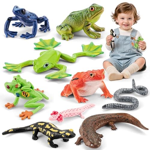 THINKBAY 9PCS Amphibian Animals Figurines Toys for Kids with Rainforest Reptile Animals Figurines Include Salamanders Ichthyophis Frog Figures Cake Toppers Party Favors for Toddler