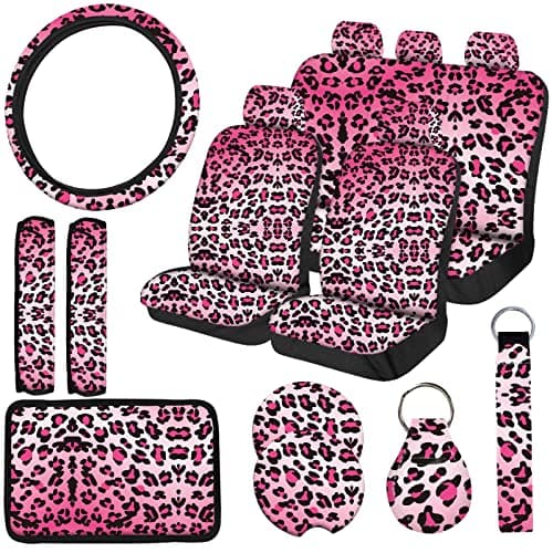 JINGSEN 15 PCS Pink Leopard Print Car Seat Cover Set,Steering Wheel Cover Center Console Armrest Pad Headrest Seat Belt Cover Handbrake Gear Cover Keychain Coasters Full Set for Car SUV