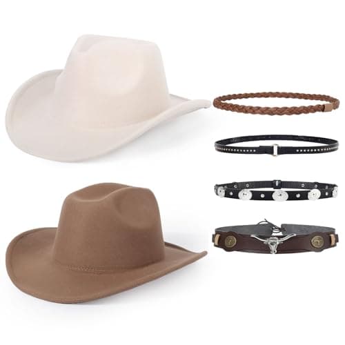 2 Pack Western Cowboy Hats for Women and Men Classic Felt Wide Brim Costume Cow Boy Hat Roll Up Brim Cowgirl Hat White Khaki