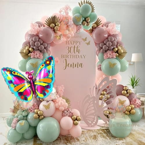 Toys Treasure We Deliver Smiles Spring Butterfly Balloon Arch Kit,137Pcs Pastel Pink Green Gold Balloon with 3D Stickers,Big Butterfly Foil Balloon for Girls Fairy Birthday Baby Shower