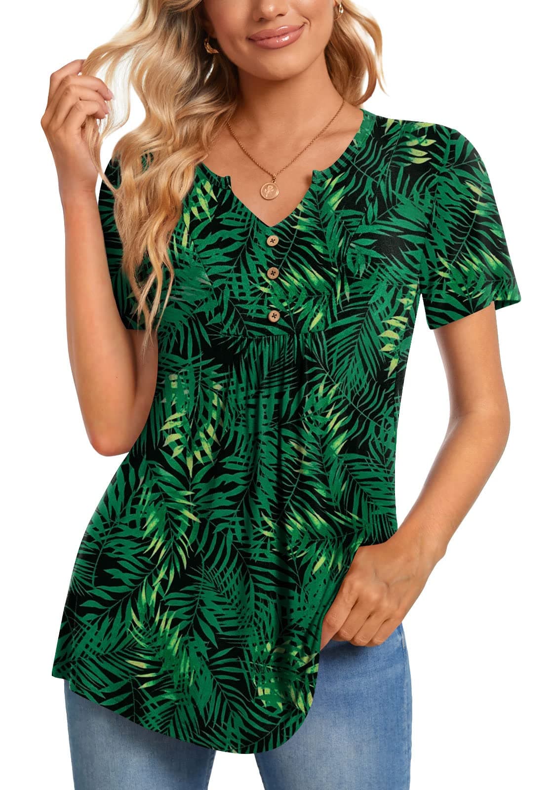 CATHY Womens Short Sleeve Tunic Tops Henley Shirt V Neck Button Up Blouse Casual Pleated Basic Pullover, M, Green Leaf-Black