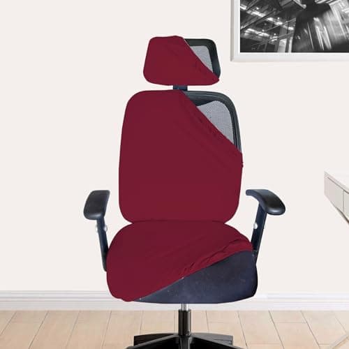 HOTKEI 3 Piece Maroon Office Chair Cover with Headrest Cover 200GSM Fabric Stretchable Removable Stain Proof Computer Desk Executive Rotating Chair Seat Covers Slipcover Protector for Office Chair