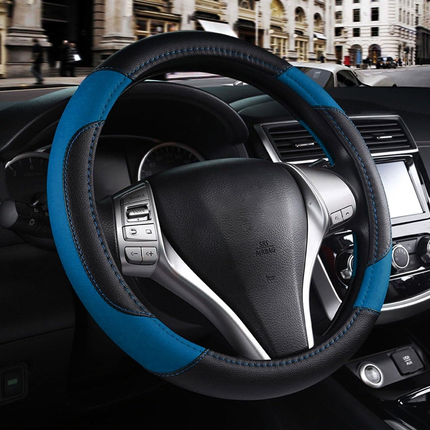 Leather Car Steering Wheel Cover NonSlip Car Wheel Cover Protector Breathable Microfiber Leather Universal Fit for Most Cars Blue2