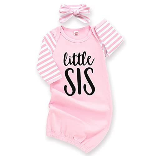 AMAWMW Newborn Baby Girl Little Sister Sleeper Gown Stripe Long Sleeve Nightgown Pajamas Gifts Stuff Essential Outfit