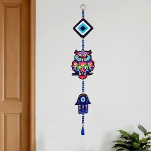 SOLOBOLO Evil Eye Wall Hanging Decor | Nazar Battu for Entrance | Beautiful Suraksha Kawach for Door Entrance | Home & Office Décor | Ward Off Nazar Dosh | Vastu Spiritual Home Décor (Owl 3 Tier)