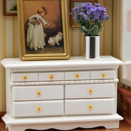 Minamzee 3Pcs 112 Dollhouse Side Cabinet Furniture Set Wooden Miniature Wall Chest Cabinet with Drawers Art Painting Potted Plant Cupboard Doll Accessories for Living RoomKitchen Bedroom