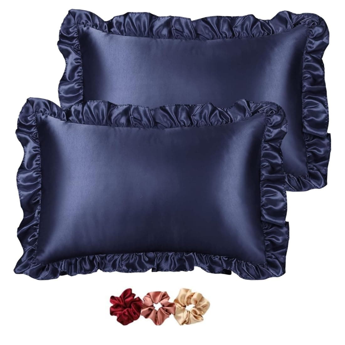 GO WELL Ruffle Satin Pillowcase for Hair and Skin, Standard Size Satin Pillow Covers Silky Pillow Cases Set of 2, Satin Ruffled Pillowcase with Envelope Closure (Blue) 1000tc