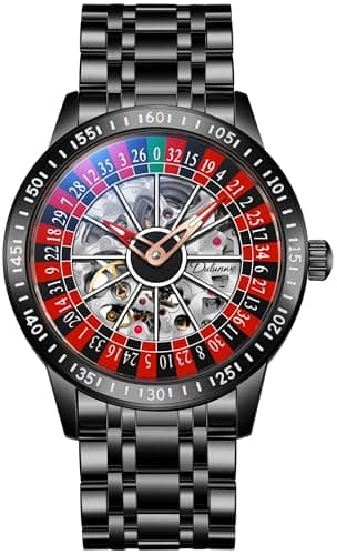 MASTOP Roulette Wheel Men‘s Watches Automatic Mechanical Watch for Men Swinging Rotary Dial Design Hollow Skeleton Watches Stainless Steel Waterproof Business Wristwatch (Black)