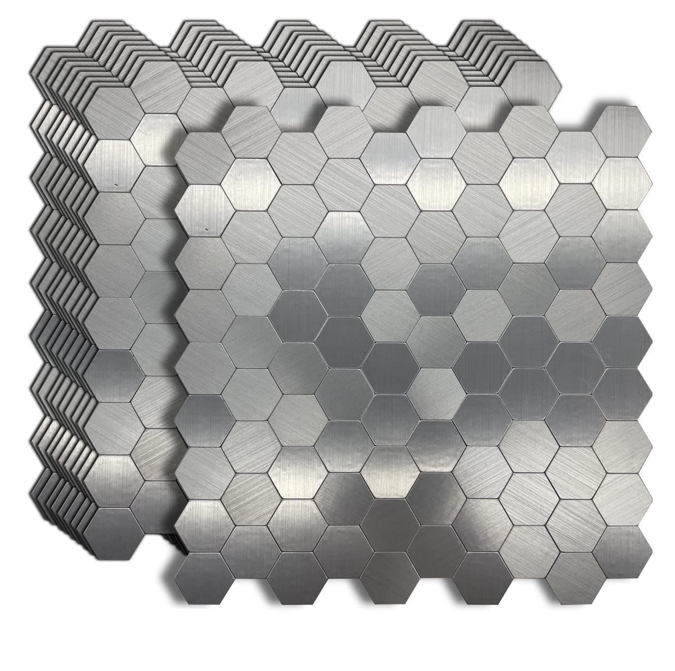 weimeisc 10-Sheet Peel and Stick Tile Backsplash, 0.15in Thickness Metal Mosaic Self Adhesive Tile for Kitchen Wall Bathroom Hexagon (Light Silver)