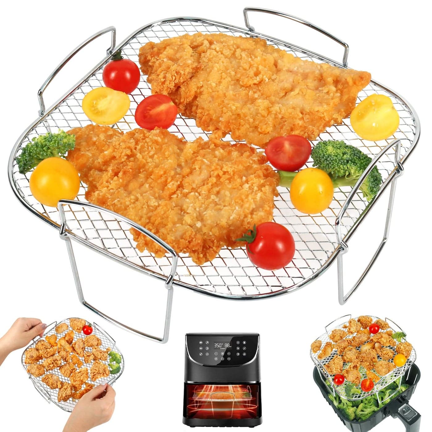 BYKITCHEN 8 Inch Square Air Fryer Rack Stainless Steel Dehydrator Rack Square Air Fryer Accessories for Cosori Instant Vortex Gourmia Ninja Foodi Grill and More