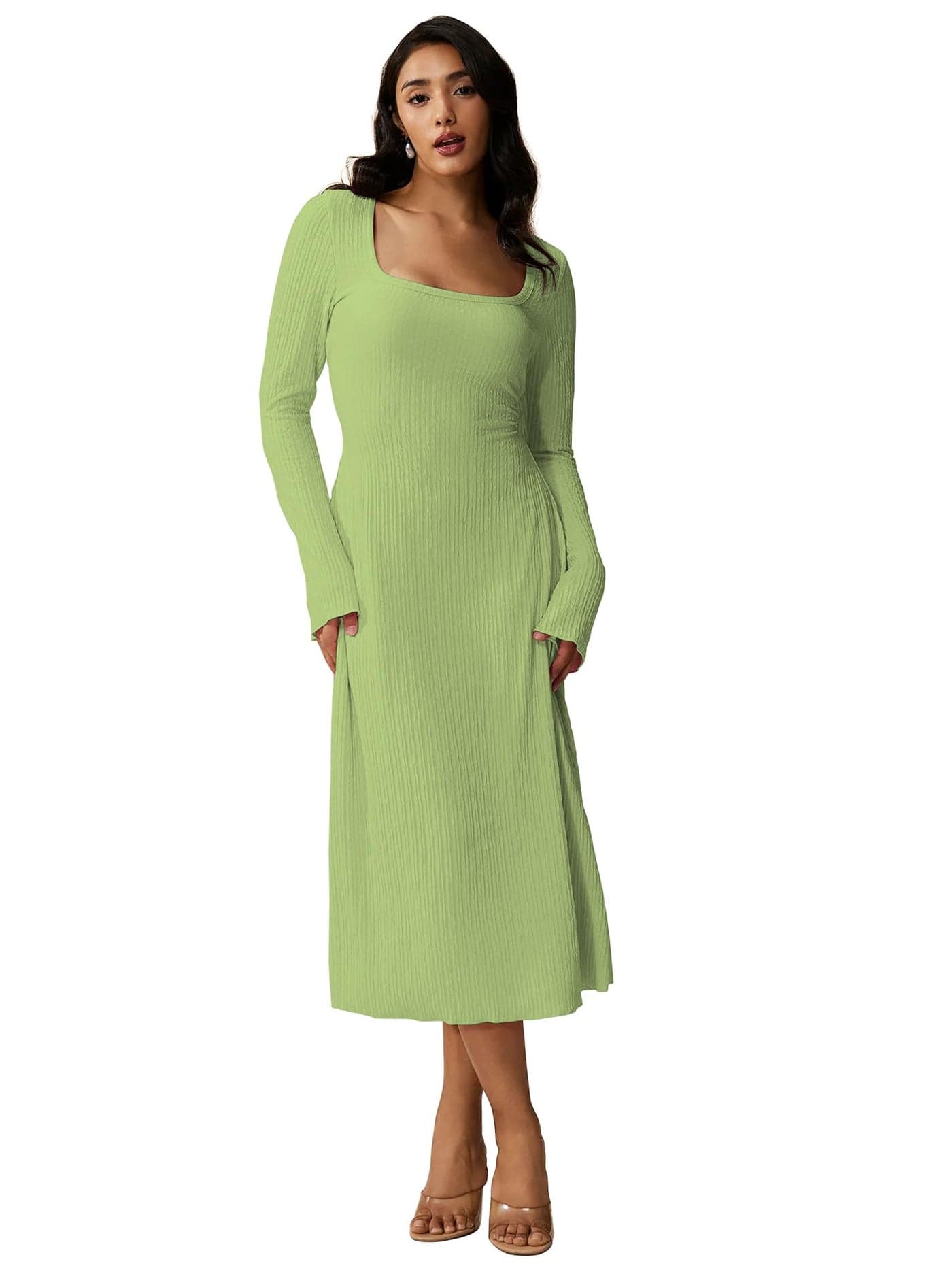Shasmi Women’s Green Square Neck A-Line Dress – Long Sleeve, Tie Waist, Knitted Stretchable, Casual & Office Outfit, Solid Winter Midi Dress for Women (Dress 221 Pista Green-XL)