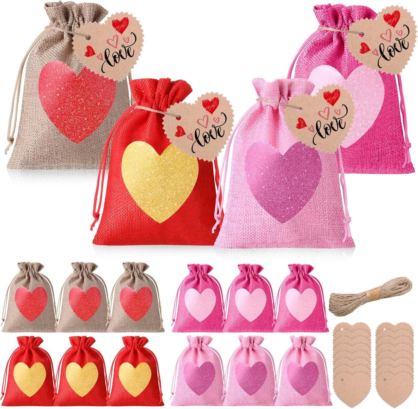 Shappy 16 Packs Valentines Day Burlap Bag Heart Gift Bags Small Drawstring Wedding Favor Sacks Jewelry Candy Pouches Linen Pockets with DIY Tags Rope for Christmas GoldredPink