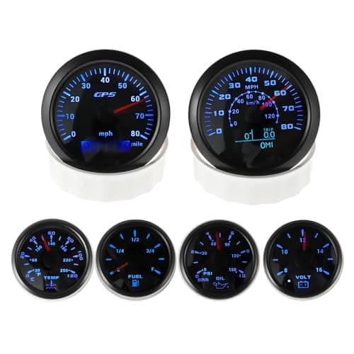 INFINAUTO 6 Gauge Set 3-3/8" 85mm GPS Speedometer Tachometer, 2-1/16" 52mm Oil Pressure Fuel Level Water Temperature Voltmeter Waterproof Marine Boat Car Truck Gauges Kit Black