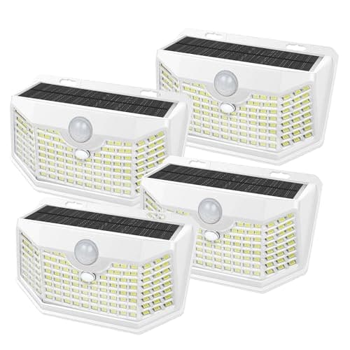 HMCITY 120 LED Outdoor Solar Lights with Motion Sensor and 3 Lighting Modes IP65 Waterproof Wide Solar Wall Lights Ideal for Garden Patio Yard Front Button 4Packs White ShellDaylight White