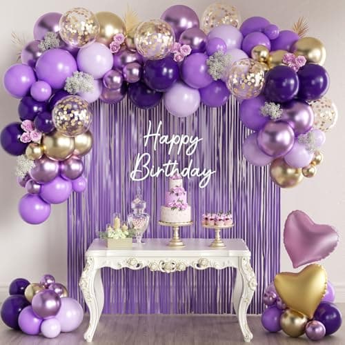 157Pcs Purple and Gold Balloons Garland Arch Kit with Fringe Curtain for Girl Princess Woman Birthday Bridal Baby Shower Engagement Wedding Party Decorations