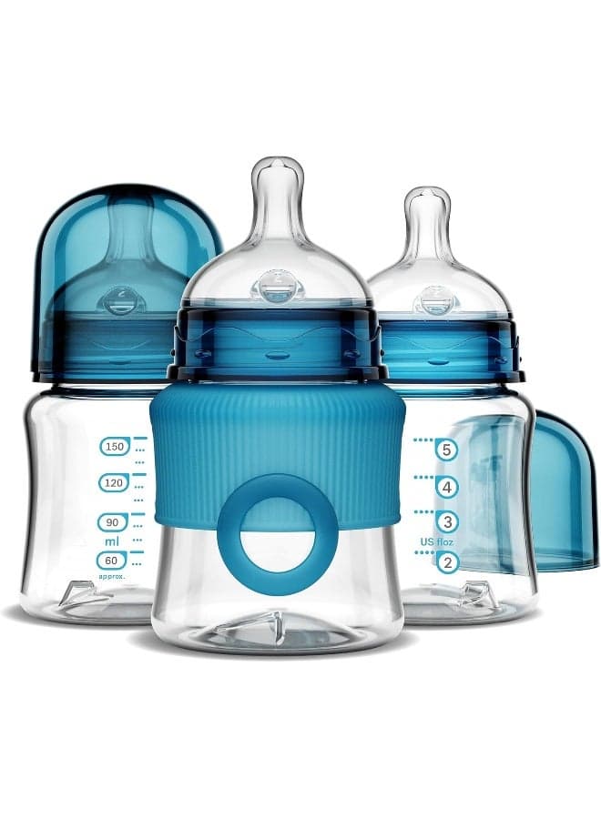 Smilo Baby Bottle Set with Stage 0 Slow Flow Anti Colic Nipple, 5 Oz / 150 ml Capacity, 3X Pack of Anti Colic Baby Bottles 0-3 Months - Aqua Blue