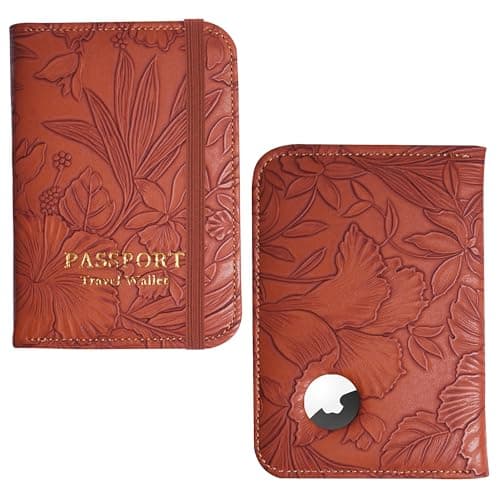 lizimandu Passport Holder with Airtag Slot Airtag Passport Wallet for Men Women Slim Leather Passport Holder Case Family for Travel AntiLost1Carved Light Brown