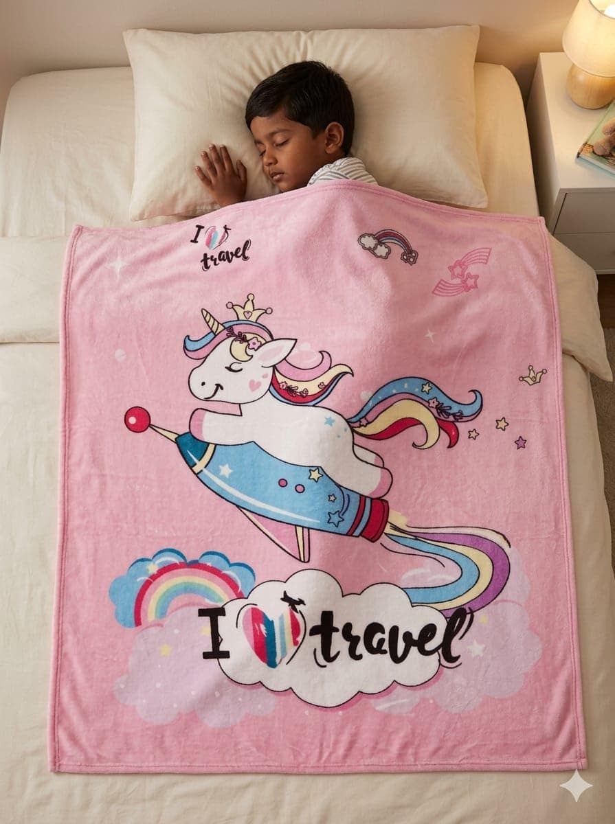Butterthief Light Weight Cartoon Printed Blanket 100 x140 cm, 0-5 Years Soft Flannel for All Seasons Reversible Baby Blanket for Kids Toddlers New Born Boys & Girls (Unicorn Travel)