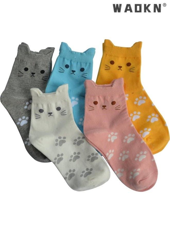 5pcs women Cat Socks Cute Mid Socks, Women's Cute Animal Socks Gifts, suitable for Women , Wife Mom , Girlfriend Daughter , soft and comfortable , fashion and cute , pink ,yellow,grey, blue,white .