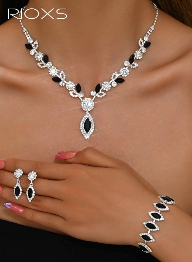 3 Pcs Rhinestone Prom Jewelry Set for Women, Silver and Black Glitter Flower Cluster Necklace, Bracelet and Cubic Zirconia Drop Earrings, Sparkly Elegant Formal Costume Jewelry Set for Bride, Bridesmaid, Mom, Girlfriend, Sister and Your Loved