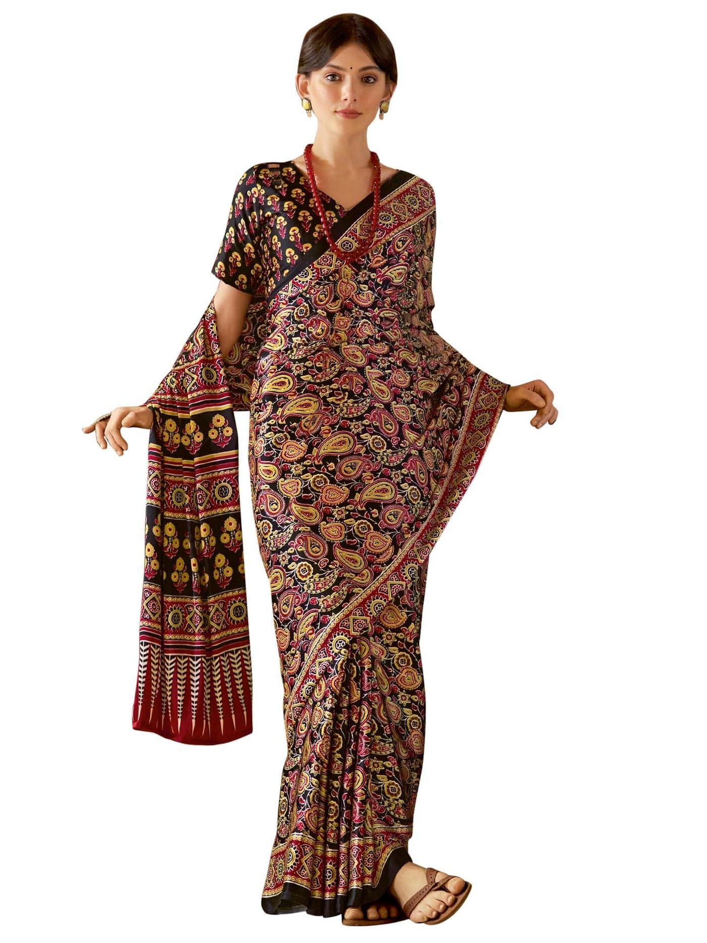 SAREE MALL Women's Ajrkh Print Satin Crepe Paisley Printed Saree With Unstitched Blouse Piece(Black_MOHAR202B_HS)