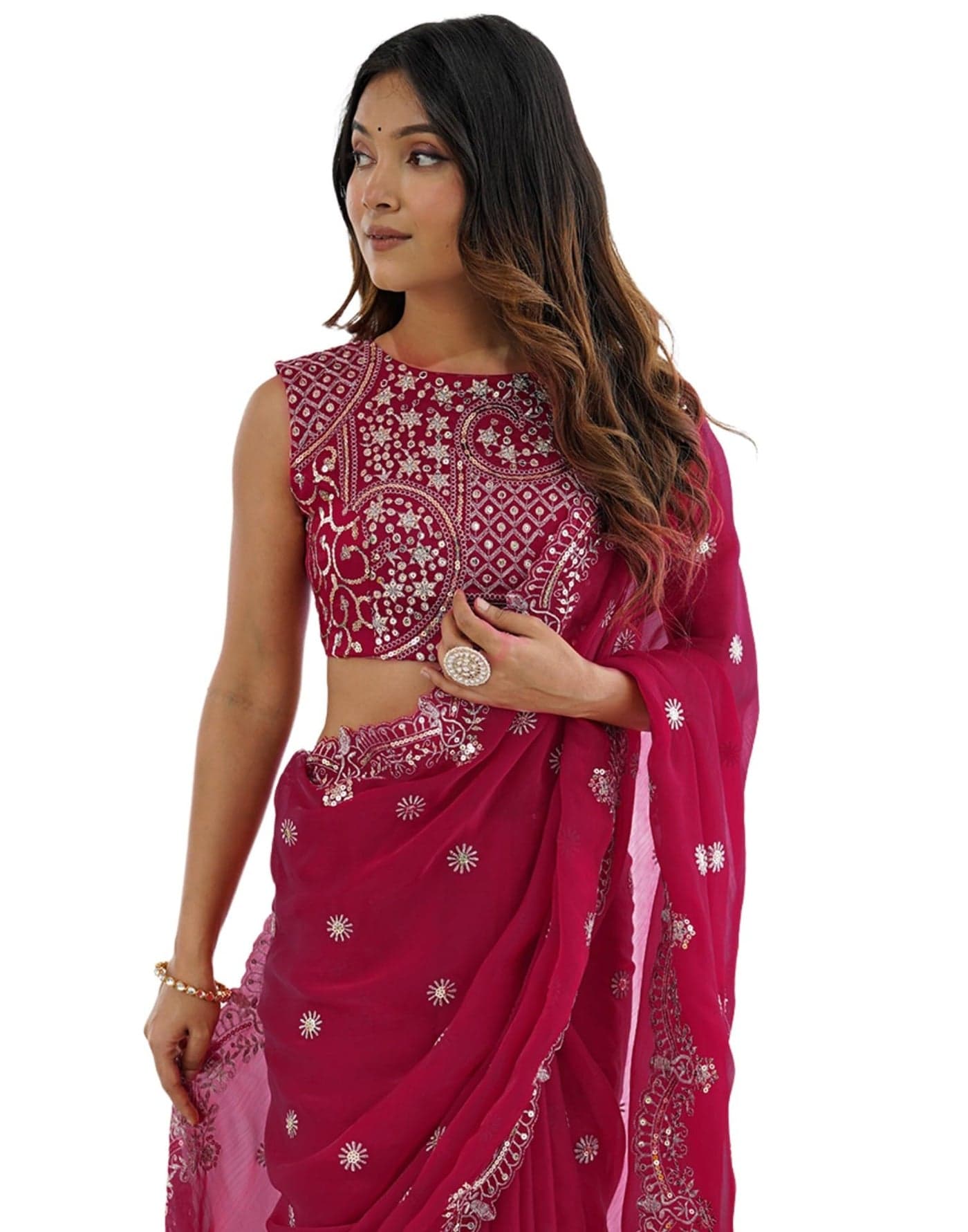 SIRIL Women's Sequence Embroidery Chiffon Saree With Unstitched Blouse Pieces (4856S153-Pink)