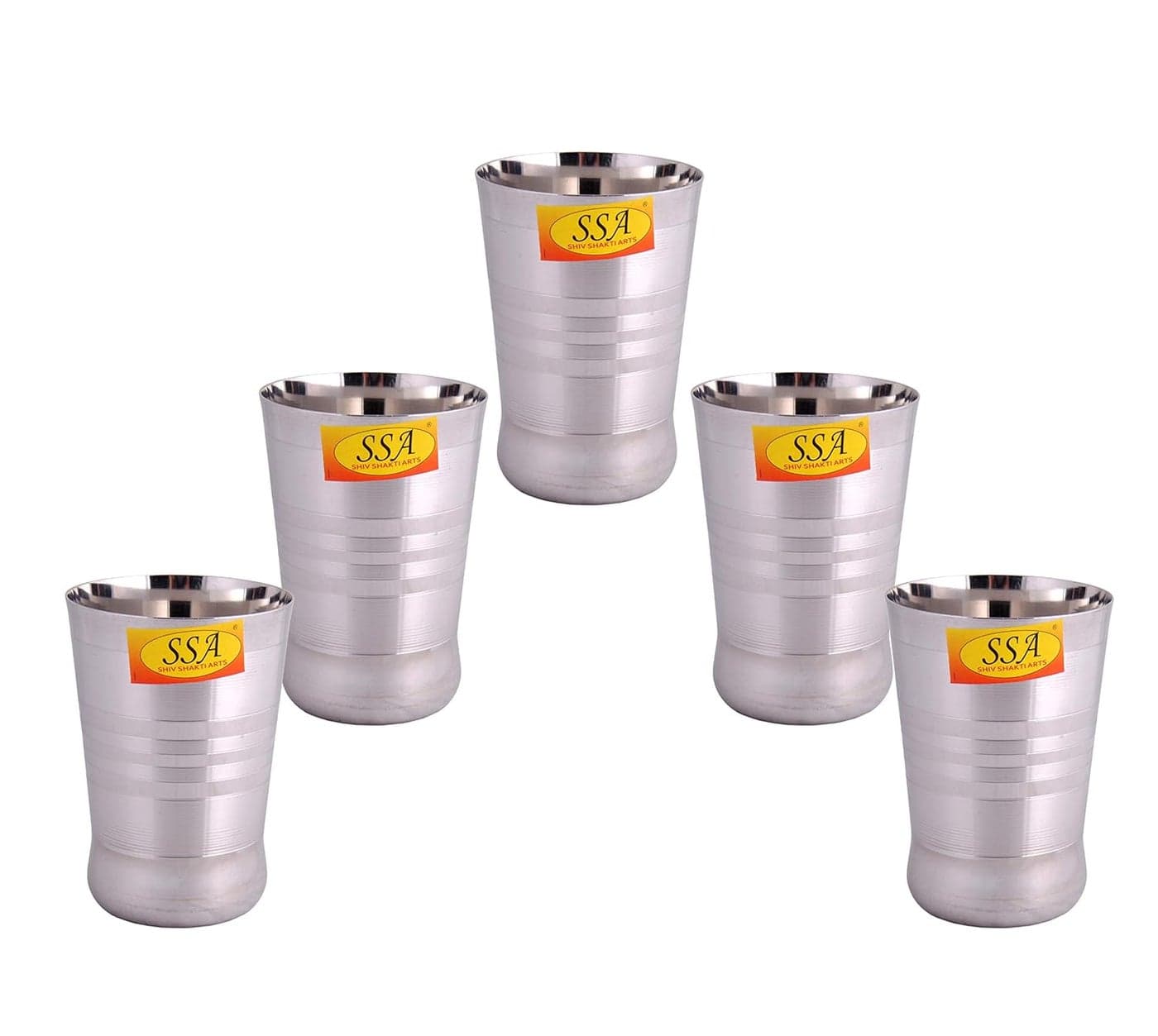 SHIV SHAKTI ARTS® Curved Base Stainless Steel Silver Touch Design Glass, 300 ML Set of 5, Water Milk Tea Lassi Glass, Tumbler
